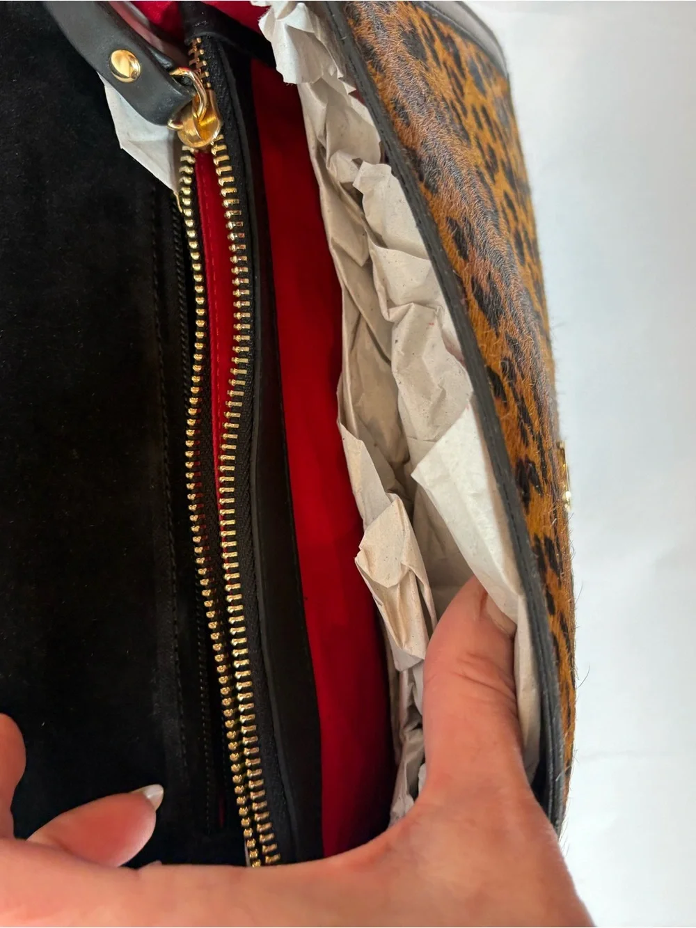 Italian Leather & Leopard Calf Hair Shoulder Bag with Gold Chain